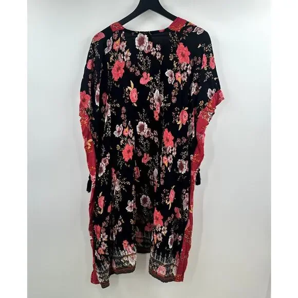 Knox Rose Boho Black and Red Floral Tassel Kimono Size Medium Large - Picture 8 of 9